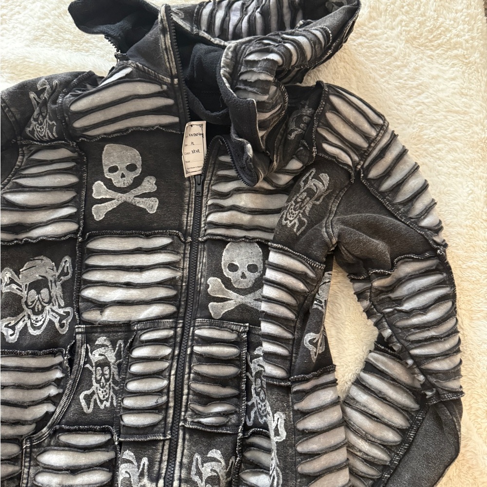 Grey and Black Goth Punk Metal Jacket with Edgy Skull Design